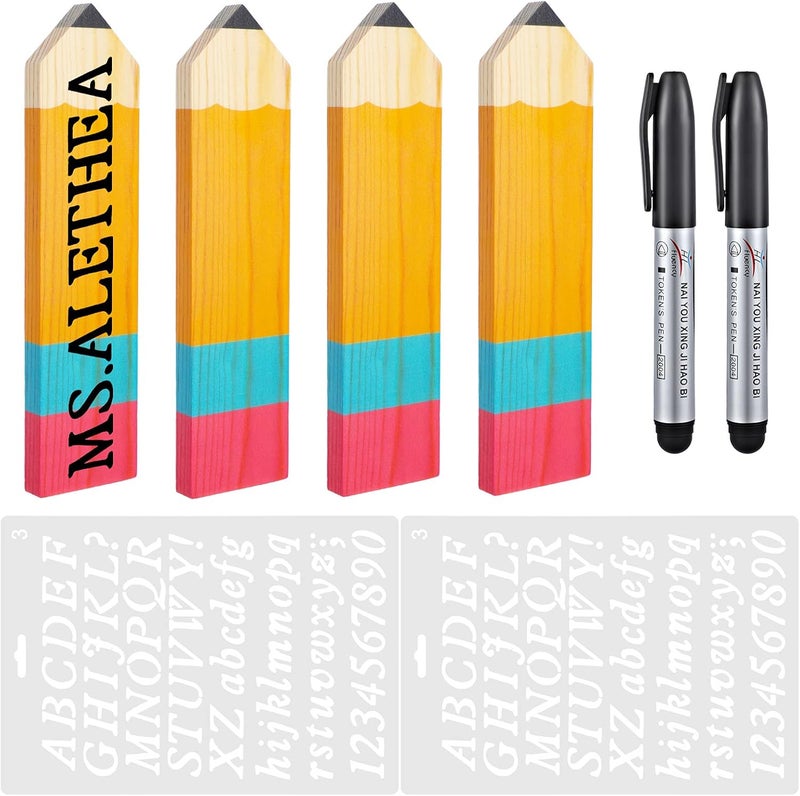 cheekyglo 8 Pieces Personalized Pencil Name Plate Blank Wooden Desk Sign with Marker Pen and English Letter Template Teacher Appreciation Presents for Classroom School Wood Decor Christmas Party Supplies - Image 1
