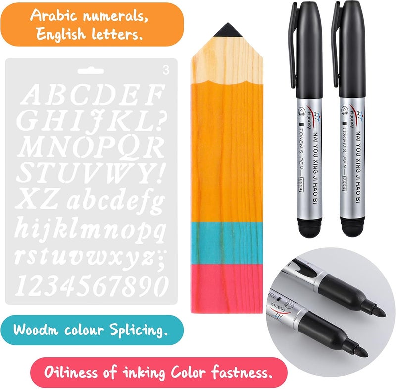 cheekyglo 8 Pieces Personalized Pencil Name Plate Blank Wooden Desk Sign with Marker Pen and English Letter Template Teacher Appreciation Presents for Classroom School Wood Decor Christmas Party Supplies - Image 2