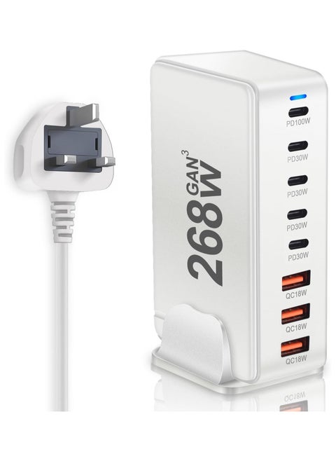 شاحن USB C بقوة 268 وات، ومحطة شحن سريعة GaN III 8 منافذ من النوع C، ومحول شاحن كمبيوتر محمول PD 100 وات لجهاز MacBook Air، وSumsung S24 S23 S22 Ultra، وiPhone 15 14 13، وiPad Pro