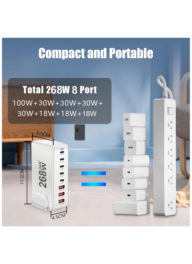 شاحن USB C بقوة 268 وات، ومحطة شحن سريعة GaN III 8 منافذ من النوع C، ومحول شاحن كمبيوتر محمول PD 100 وات لجهاز MacBook Air، وSumsung S24 S23 S22 Ultra، وiPhone 15 14 13، وiPad Pro