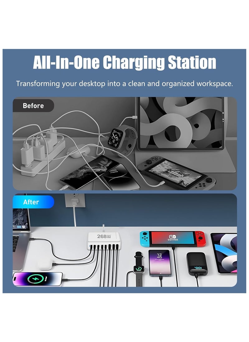 شاحن USB C بقوة 268 وات، ومحطة شحن سريعة GaN III 8 منافذ من النوع C، ومحول شاحن كمبيوتر محمول PD 100 وات لجهاز MacBook Air، وSumsung S24 S23 S22 Ultra، وiPhone 15 14 13، وiPad Pro