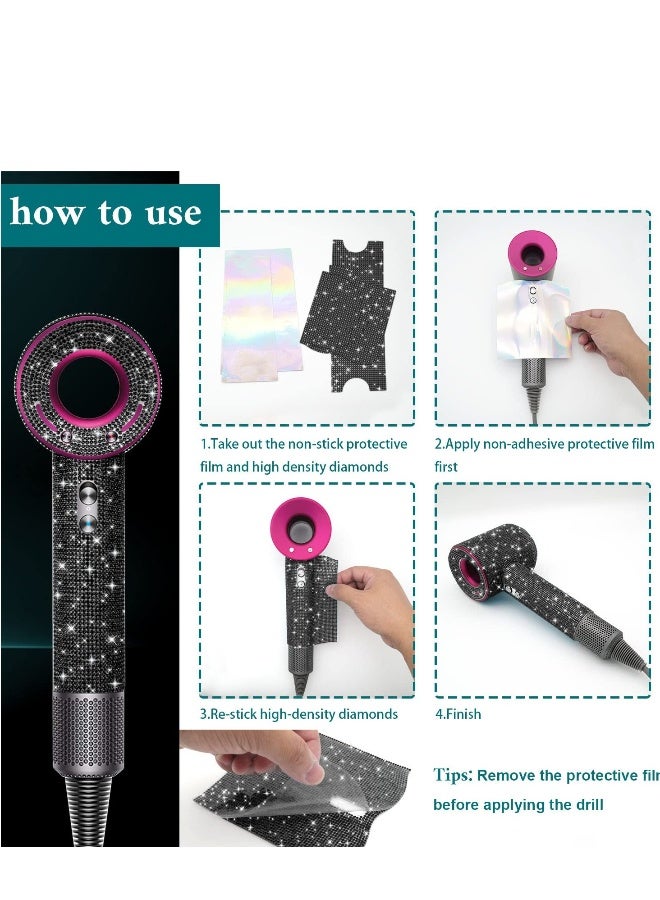 general Self-adhesive Bling Crystal Rhinestone Sticker Decal For Dyson Supersonic Hair Dryer Sparkle Blow Dryer Diamond Stone Protector (Bling Black) - Image 4