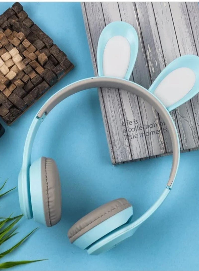 سماعة اذن بلوتوث لاسلكية لطيفة وجديدة بتصميم ارنب مع اضاءة LED، موديل B12 أزرق مضئ - Image 1