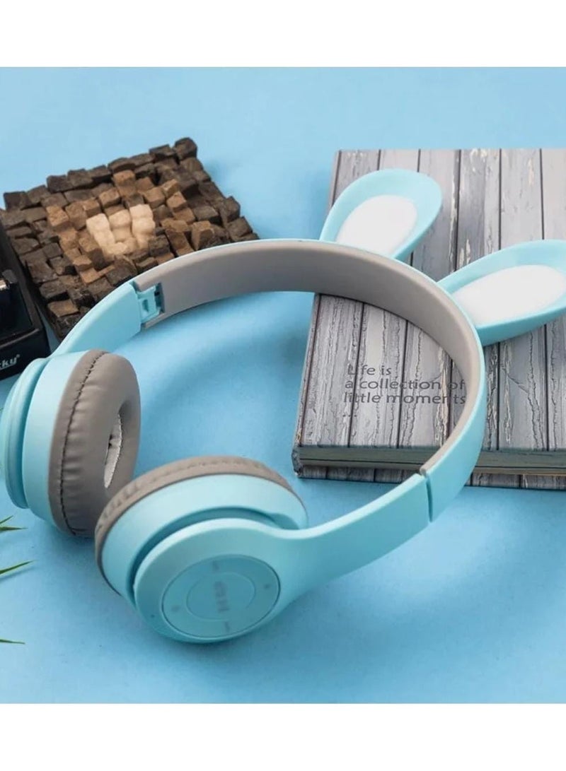 سماعة اذن بلوتوث لاسلكية لطيفة وجديدة بتصميم ارنب مع اضاءة LED، موديل B12 أزرق مضئ - Image 2