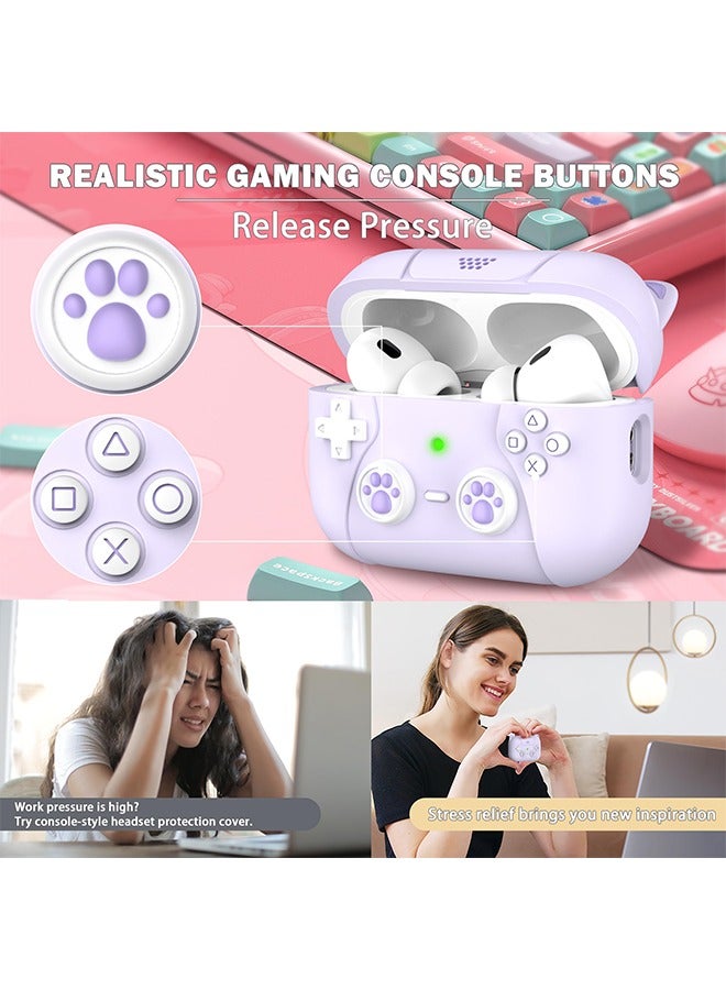 فزاع غطاء حافظة AirPods Pro الجيل الثاني / الأول مع سلسلة مفاتيح، تصميم لاعب ألعاب للأطفال والرجال والنساء، غطاء سيليكون ناعم لـ AirPods Pro Gen 2/1 (2023/2022/2019) حافظة شحن - أذن قطة أرجوانية - Image 2