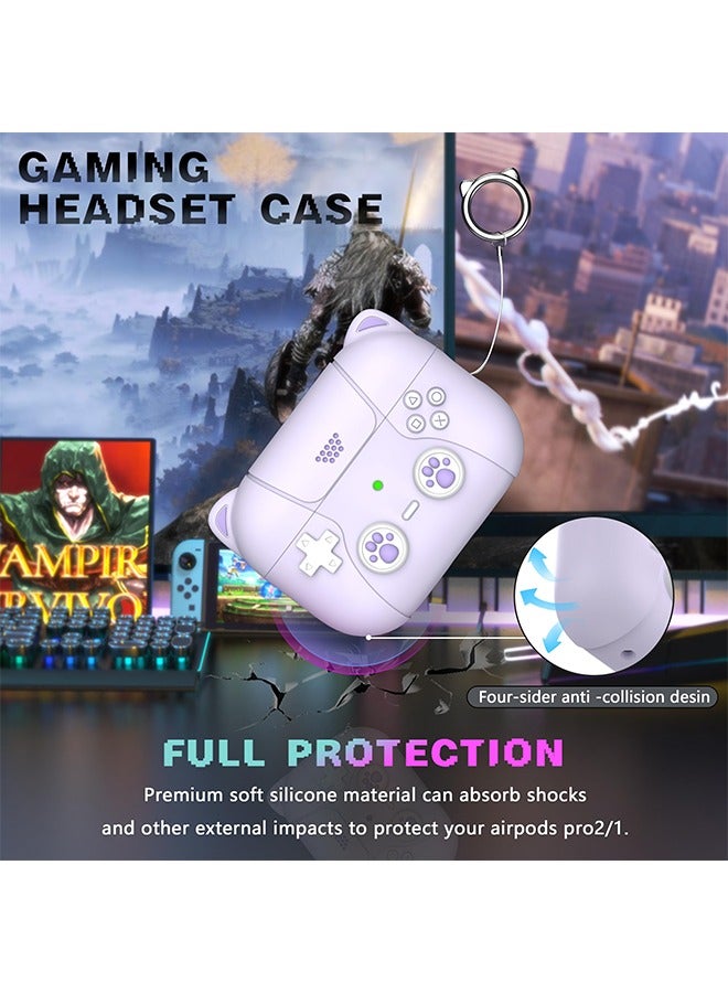 فزاع غطاء حافظة AirPods Pro الجيل الثاني / الأول مع سلسلة مفاتيح، تصميم لاعب ألعاب للأطفال والرجال والنساء، غطاء سيليكون ناعم لـ AirPods Pro Gen 2/1 (2023/2022/2019) حافظة شحن - أذن قطة أرجوانية - Image 3