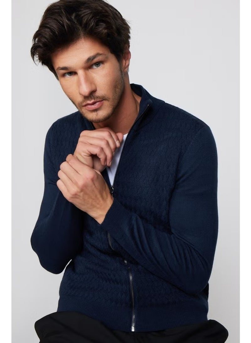 Tudors Slim Fit Patterned Stand Collar Zippered Navy Blue Men's Cardigan - Image 2