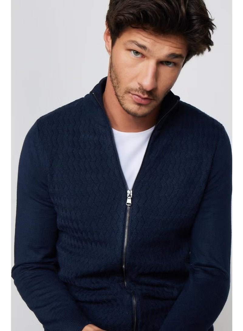 Tudors Slim Fit Patterned Stand Collar Zippered Navy Blue Men's Cardigan - Image 3