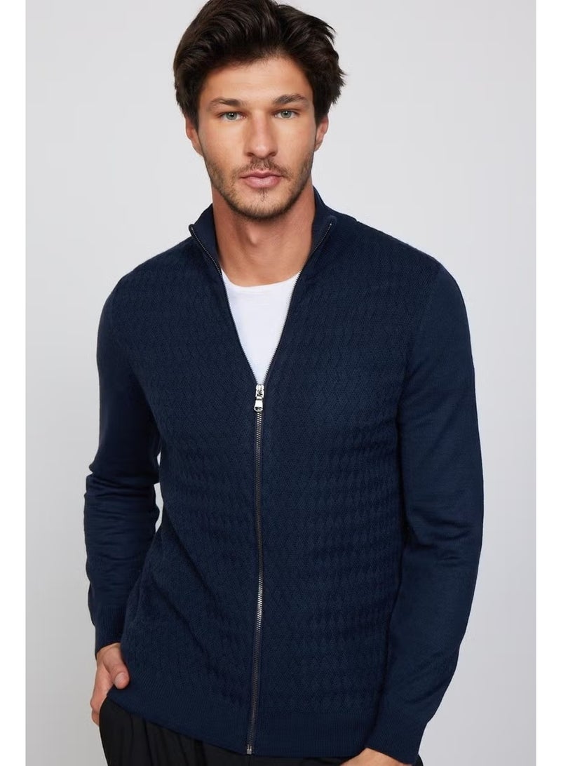 Tudors Slim Fit Patterned Stand Collar Zippered Navy Blue Men's Cardigan - Image 4
