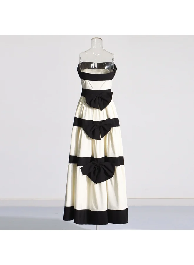 Madam Uniq Elegant Black - White Striped Gown, Strapless & Tiered Skirt, Runway - Style Dress