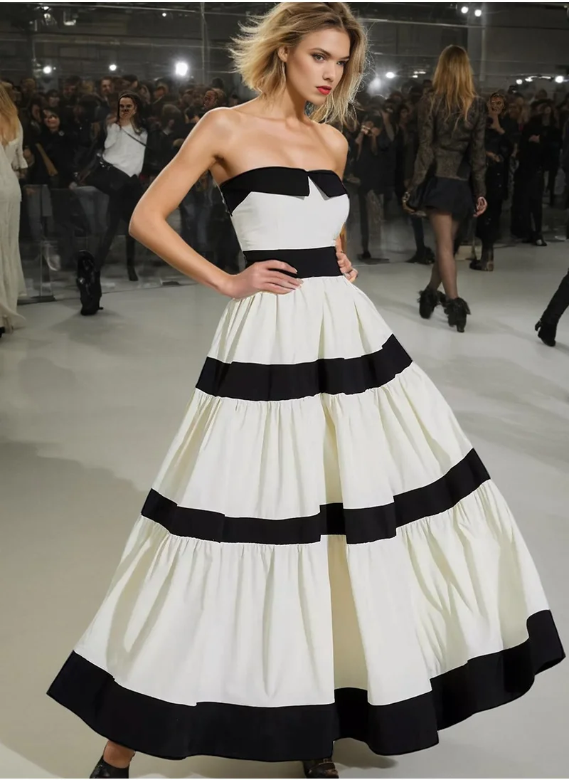 Madam Uniq Strapless Color-Blocked Striped Maxi Dress with Bow Decoration