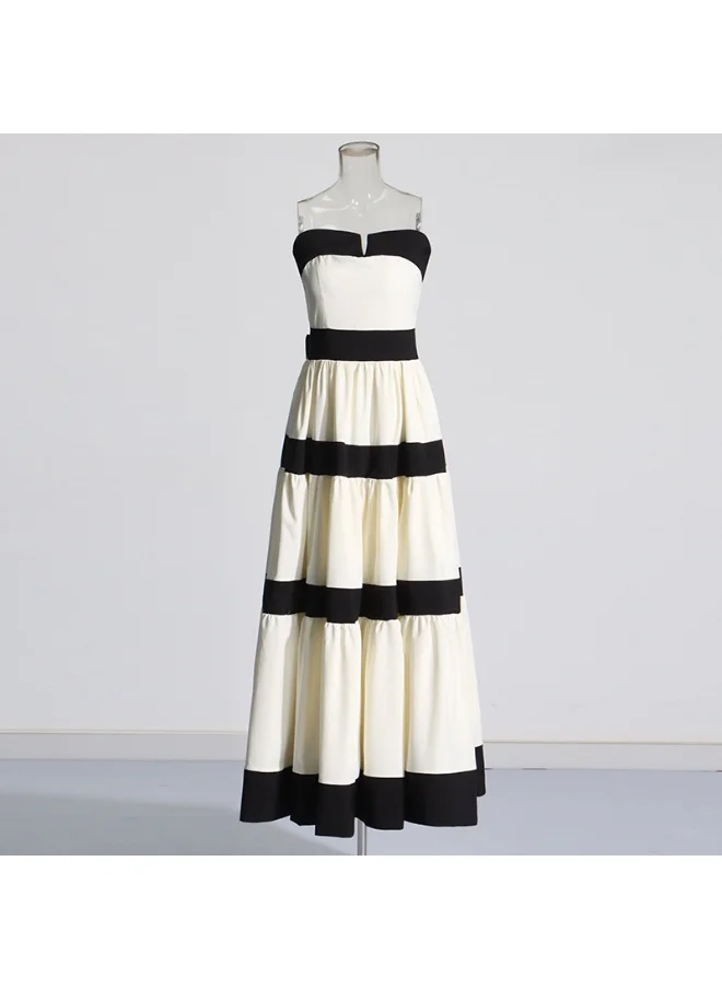 Madam Uniq Strapless Color-Blocked Striped Maxi Dress with Bow Decoration
