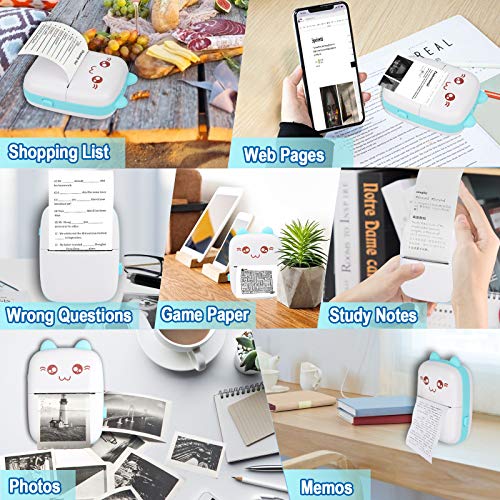 Eschen Portable Printer, Mini Pocket Wireless Bluetooth Thermal Printers with 6 Rolls Printing Paper for Android iOS Smartphone, BT Inkless Printing Gift for Label Receipt Photo Notes Study Home Office, Blue - Image 3