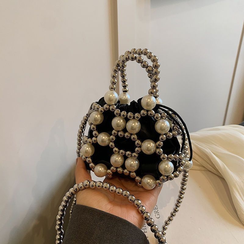 2024 Trendy Hollow Mini Handmade Pearl Beaded Shoulder Crossbody Bag silver with pearl lining