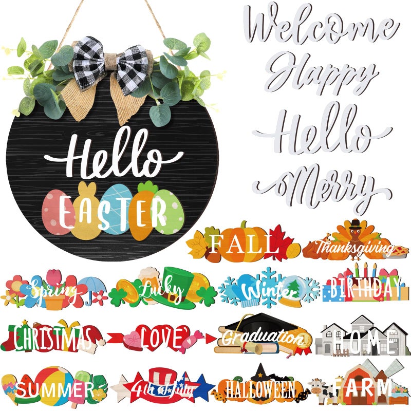 Burbell 20 Pieces Interchangeable Welcome Sign for All Seasons Seasonal Front Door Decor with 4 Pcs Sign and 15 Pcs Changeable Icons Farmhouse Front Porch Rustic Holiday Wooden Door DecorBlack - Image 2