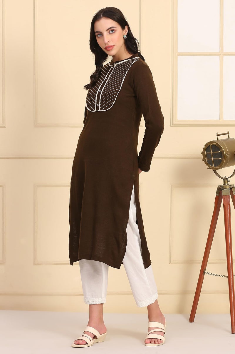 Aurelia Women’s Solid Embroidered Yoke Straight Brown Winter Kurta (Size: XS)-24NOA13321-703163 - Image 4