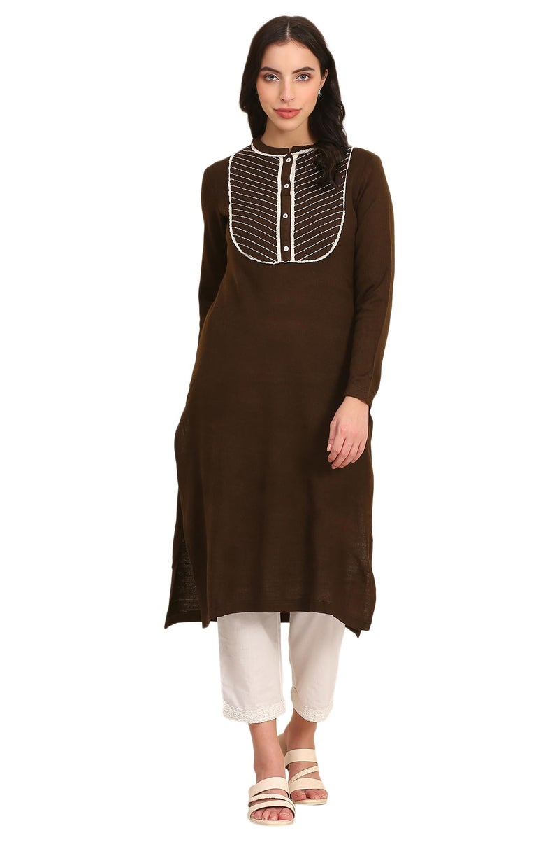 Aurelia Women’s Solid Embroidered Yoke Straight Brown Winter Kurta (Size: XS)-24NOA13321-703163 - Image 1