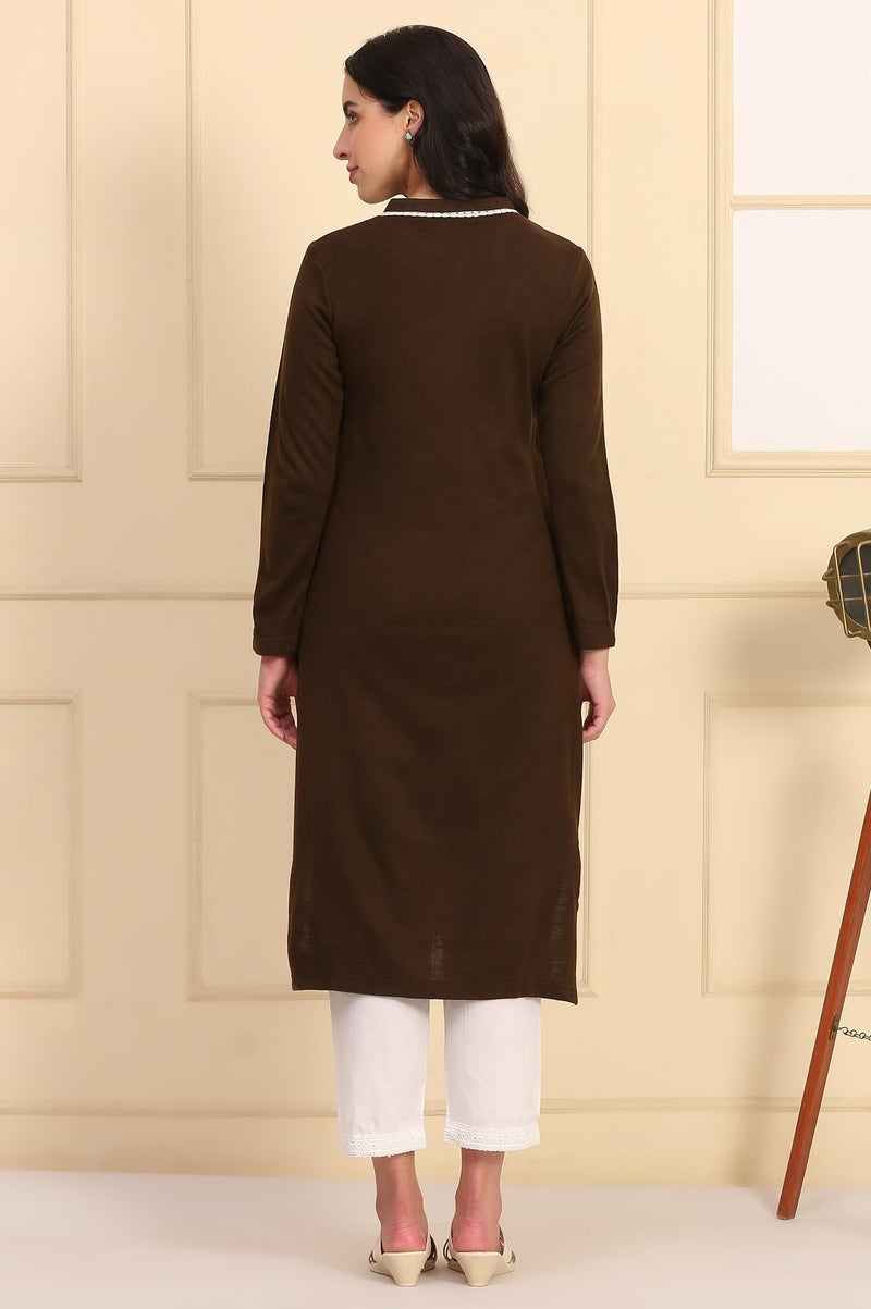 Aurelia Women’s Solid Embroidered Yoke Straight Brown Winter Kurta (Size: XS)-24NOA13321-703163 - Image 5