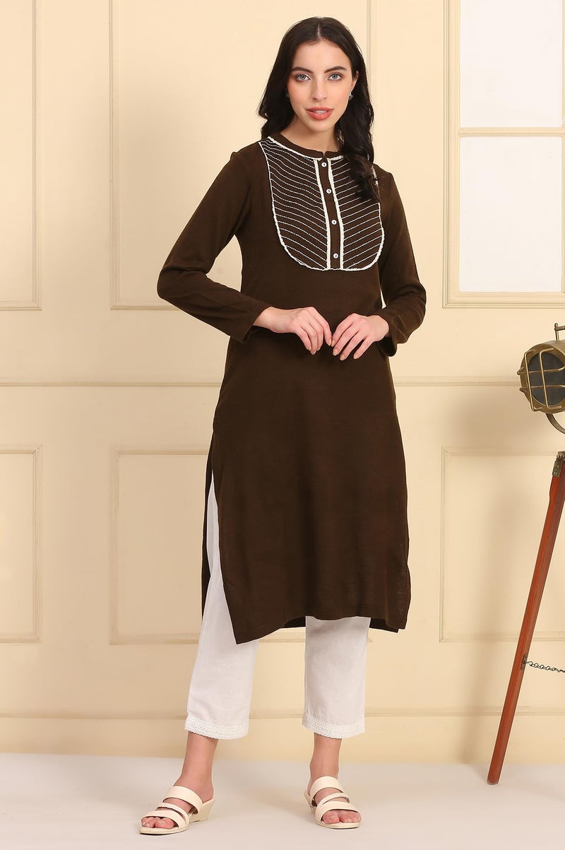 Aurelia Women’s Solid Embroidered Yoke Straight Brown Winter Kurta (Size: XS)-24NOA13321-703163 - Image 2