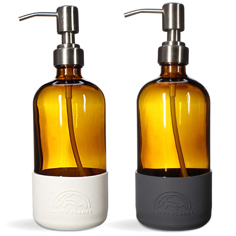 SAVVY PLANET Savvy Planet Amber Glass Round Bottles wStainless Steel Pumps 2 Pack Soap Dispenser with Silicone Sleeve Boot Great for Essential Oils Lotions Liquid Soaps 
