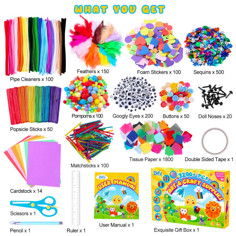 Zefy 3200+ Pcs Arts and Crafts Supplies for Kids, All in One Craft Kits with 12 Crafts Design, DIY School Supplies Kit Craft Box Easter Gifts for Girls Boys Ages 4-12 - Image 2