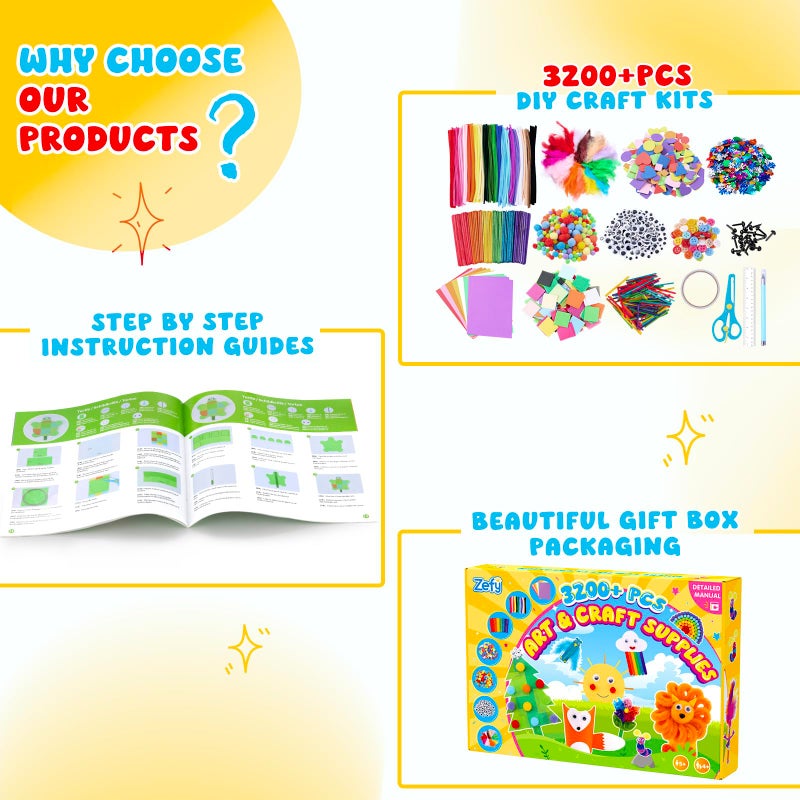 Zefy 3200+ Pcs Arts and Crafts Supplies for Kids, All in One Craft Kits with 12 Crafts Design, DIY School Supplies Kit Craft Box Easter Gifts for Girls Boys Ages 4-12 - Image 4