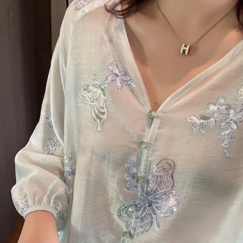 Plus Size Women's Chinese Style Embroidered Top and Skirt Set - Image 3