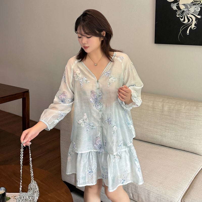 Plus Size Women's Chinese Style Embroidered Top and Skirt Set - Image 1