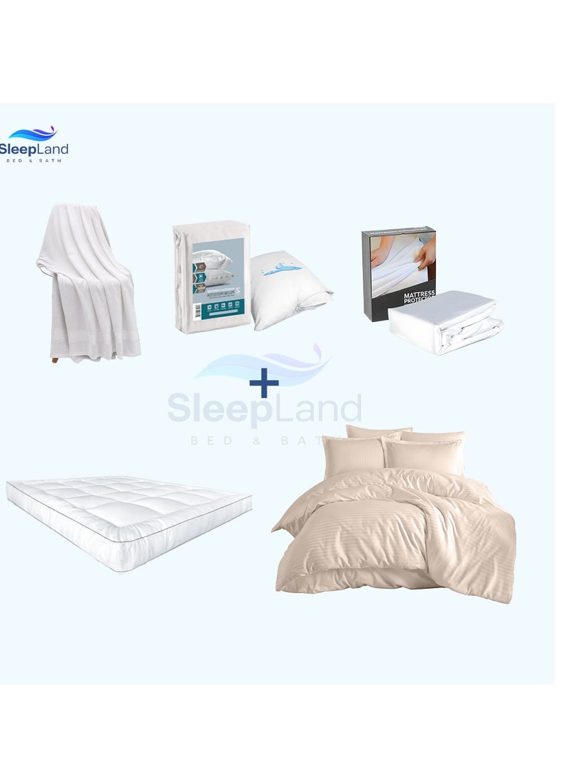 سليب لاند بكج النوم الفندقي – لباد 200×120 سم + واقي مرتبة + طقم واقي مخدة + منشفة قطن 70×140 سم + مفرش فندقي بيج - Image 1