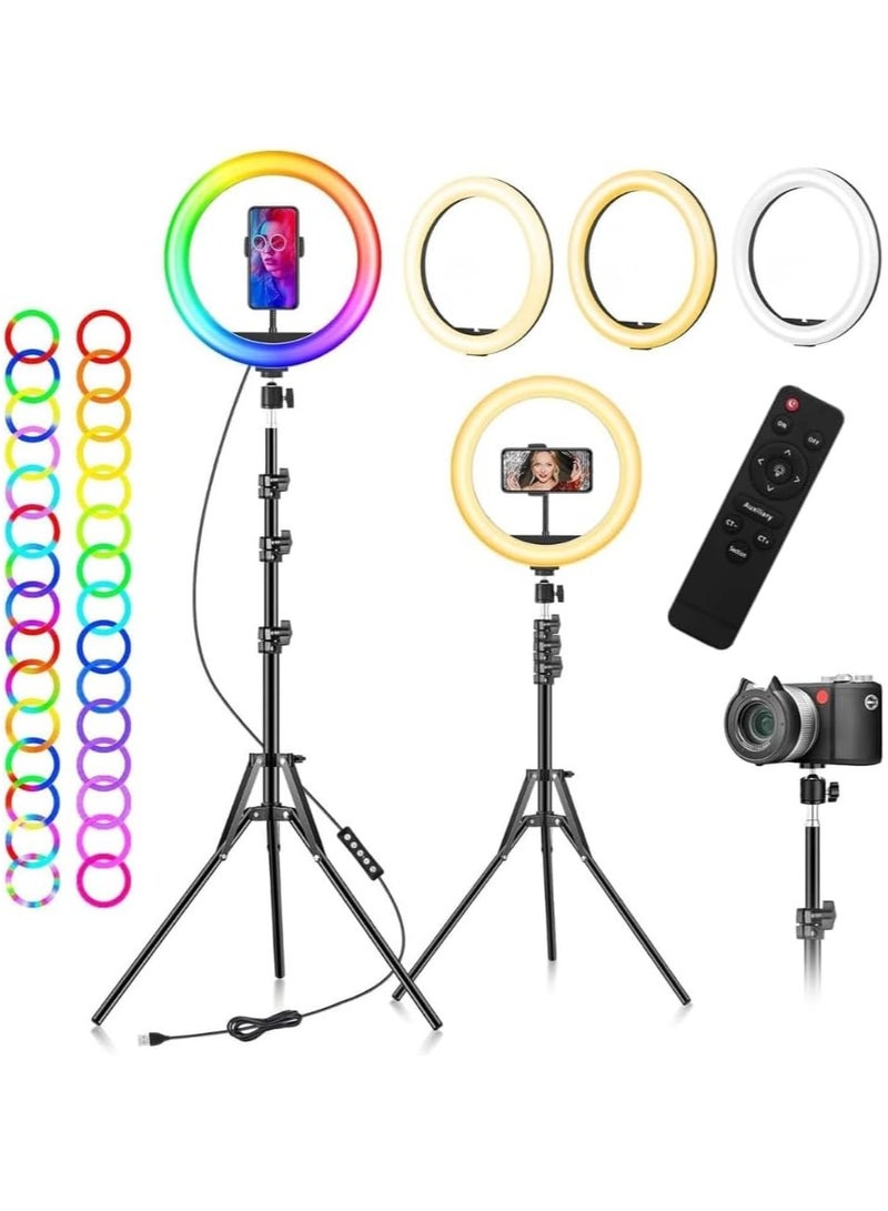 ميجوفاست حلقة ضوء سيلفي LED دائرية قابلة للتعتيم مقاس 22 بوصة مع حامل ثلاثي القوائم مقاس 90 بوصة وجهاز تحكم عن بعد و3 حوامل للهاتف المحمول لكاميرا الماكياج والتصوير الفوتوغرافي على YouTube وتصوير فيديو TikTok Vlog Live Stream - Image 1