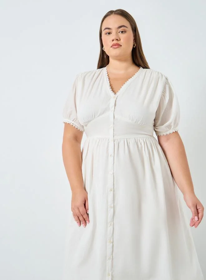 Styli Plus Size Cotton Midi Dress with Puff Sleeves