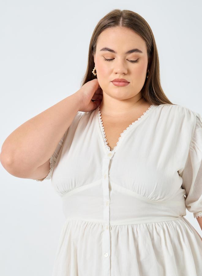 Styli Plus Size Cotton Midi Dress with Puff Sleeves - Image 3