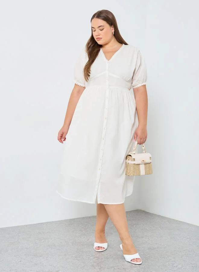 Styli Plus Size Cotton Midi Dress with Puff Sleeves