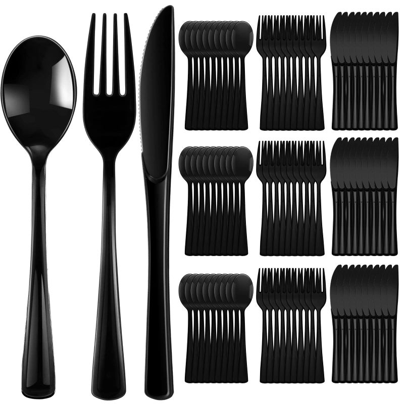 150 Pieces Disposable Cutlery Set Plastic Silverware Heavy Duty Utensil Sets 50 Forks 50 Knives 50 Spoons for Home Office School Party Picnics Restaurant Outdoor Events or Every Day Use Black