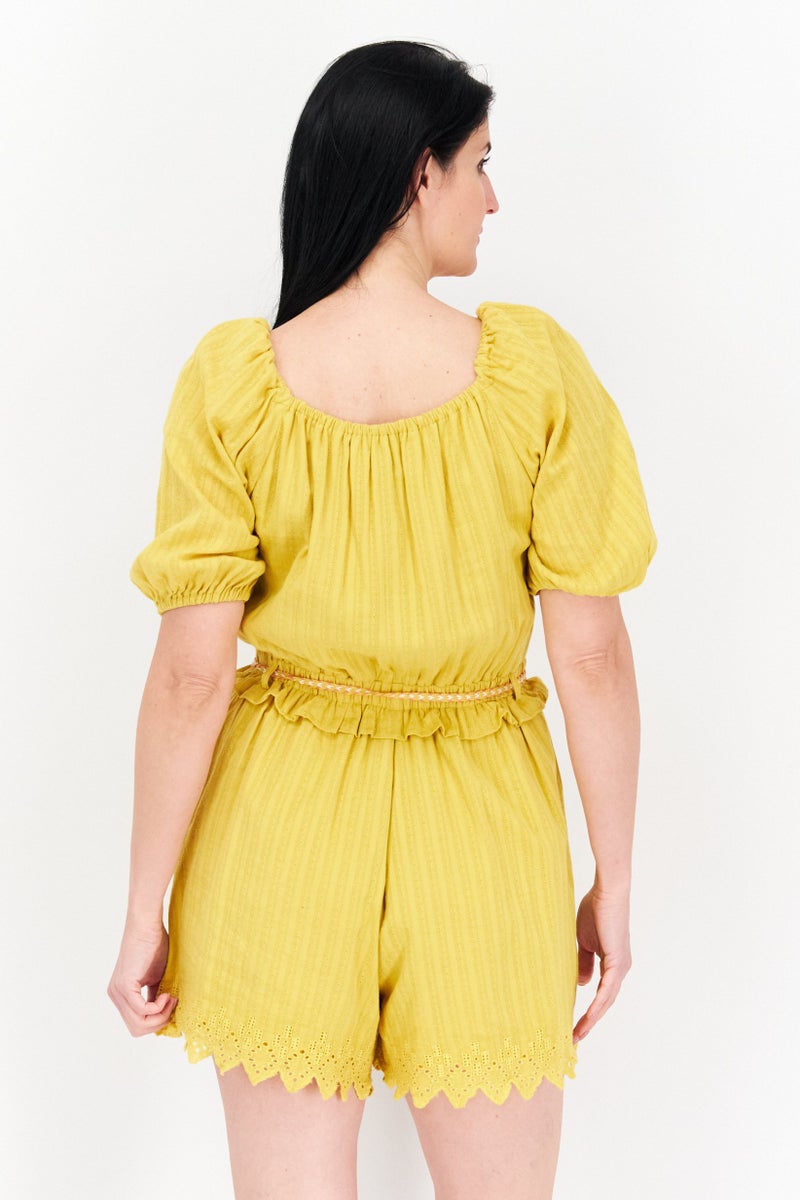 ONLY Women Textured Short Sleeve Playsuit, Yellow  - Image 3