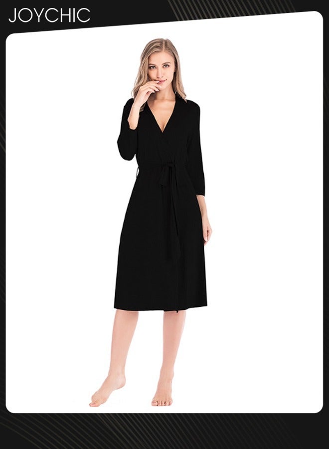 Joychic Classic Spring Summer Autumn Ladies Home Sleep Robes Women's Loose Three-quarter Sleeve V-neck Modal Breathable Long Nightgown with Adjustable Belt Black - Image 1