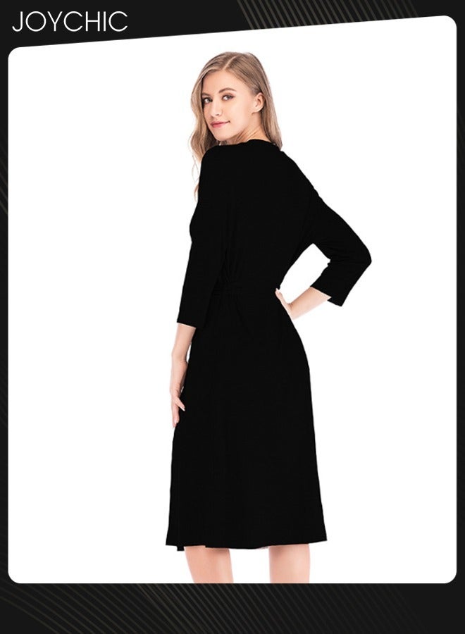 Joychic Classic Spring Summer Autumn Ladies Home Sleep Robes Women's Loose Three-quarter Sleeve V-neck Modal Breathable Long Nightgown with Adjustable Belt Black - Image 2