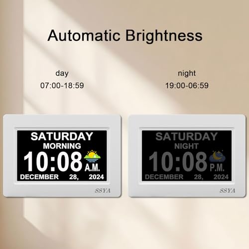 SSYA Digital Calendar Alarm Clock - Dementia Clocks for Seniors, Non-Abbreviated Memory Loss Clock with Date and Time for Elderly (White) - Image 3