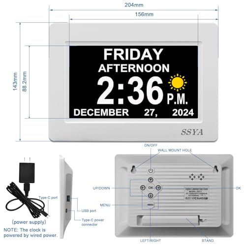 SSYA Digital Calendar Alarm Clock - Dementia Clocks for Seniors, Non-Abbreviated Memory Loss Clock with Date and Time for Elderly (White) - Image 2
