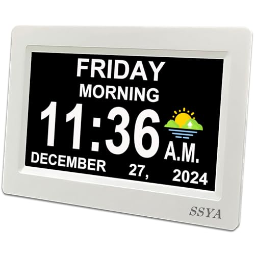 SSYA Digital Calendar Alarm Clock - Dementia Clocks for Seniors, Non-Abbreviated Memory Loss Clock with Date and Time for Elderly (White) - Image 1
