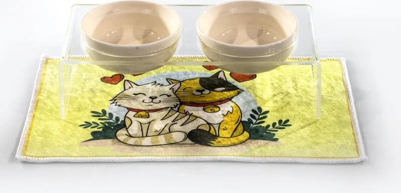 Pikas Cat and Dog Decorative 2-Piece Ceramic Plexiglass Food & Water Bowl + Mat