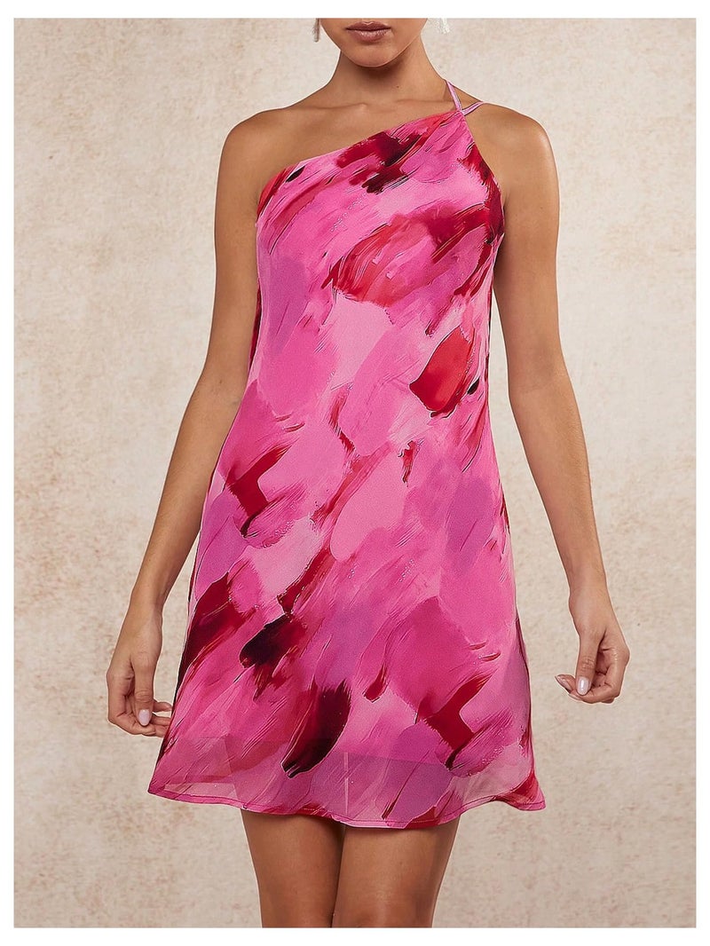 WDIRARA Women's Tie Dye One Shoulder Sleeveless Dress Draped Backless Mini Dresses Multicolor Medium - Image 3