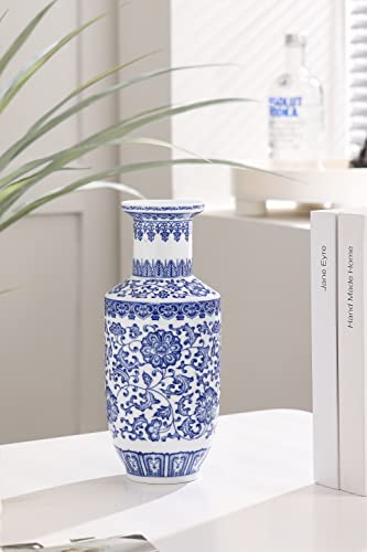 KuJaRen Blue and White Vase, Blue Vases Home Décor, Chinoiserie Vase, Blue and White Porcelain, Ceramic Vase for Home, Living Room, Bookshelf, Mantle Fireplace,Table Centerpieces,10 inches - Image 2