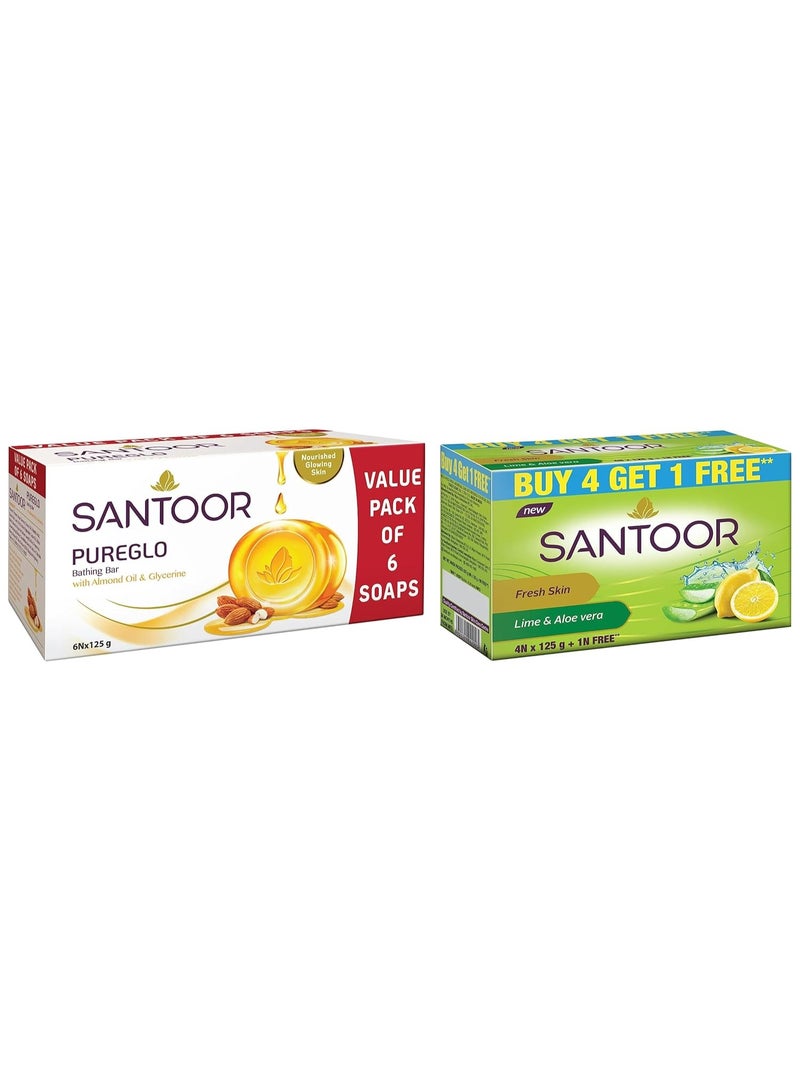 Santoor Pureglo Glycerine Soap With Almond Oil And Glycerine, 125G (Pack Of 6) For Nourished Glowing Skin And Aloe Fresh Soap With Aloe Vera And Lime, 125G - Image 4
