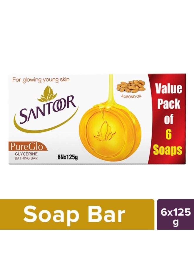 Santoor Pureglo Glycerine Soap With Almond Oil And Glycerine, 125G (Pack Of 6) For Nourished Glowing Skin And Aloe Fresh Soap With Aloe Vera And Lime, 125G - Image 3