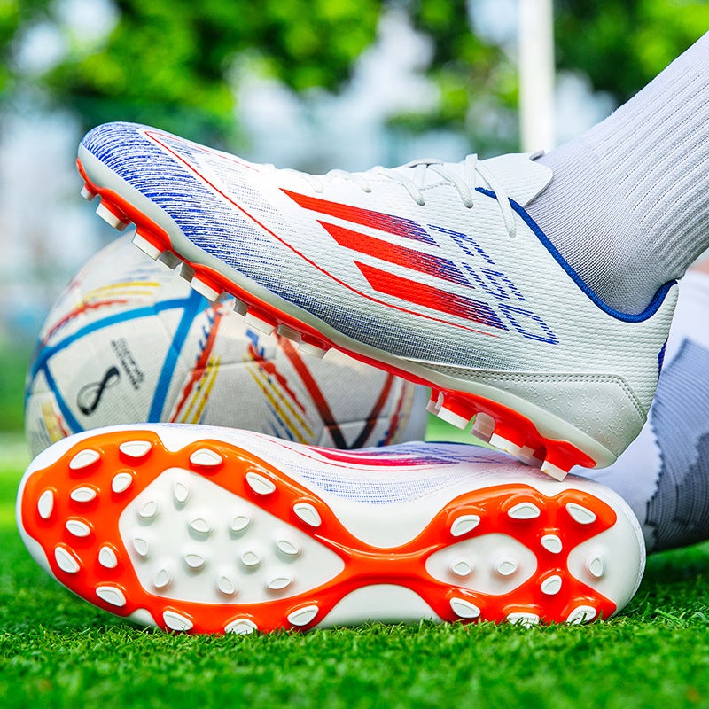 Cross-border F50 Football Shoes Male and Female Teenagers Spike Artificial Grass Children Primary and Secondary School Students Broken Nail Training Shoes Long nails white and blue