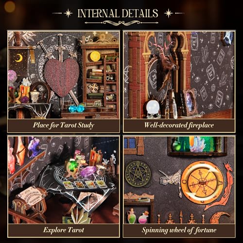 Fuiltee DIY Book Nook Kit 3D Wooden Puzzle Booknook Bookshelf Miniature House Kit Dollhouse Tarot Divination Test with LED Light Dust Cover Gift for Adults Teens Mysterious Tarot - Image 5