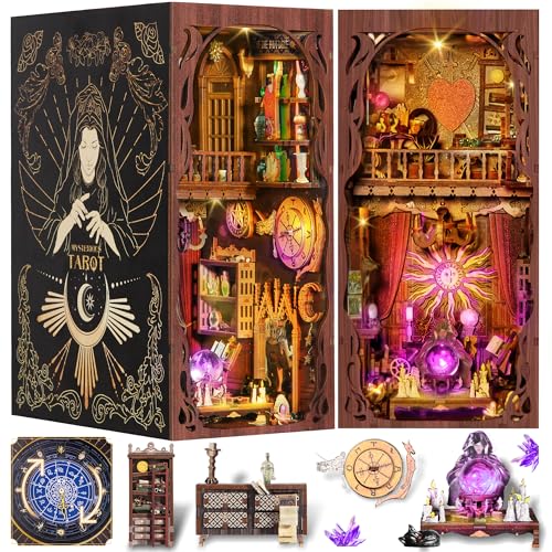 Fuiltee DIY Book Nook Kit 3D Wooden Puzzle Booknook Bookshelf Miniature House Kit Dollhouse Tarot Divination Test with LED Light Dust Cover Gift for Adults Teens Mysterious Tarot - Image 1