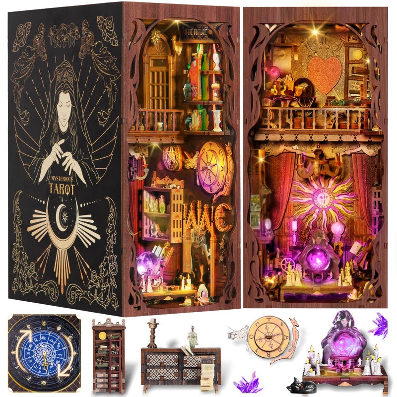 Fuiltee DIY Book Nook Kit 3D Wooden Puzzle Booknook Bookshelf Miniature House Kit Dollhouse Tarot Divination Test with LED Light Dust Cover Gift for Adults Teens Mysterious Tarot - Image 3