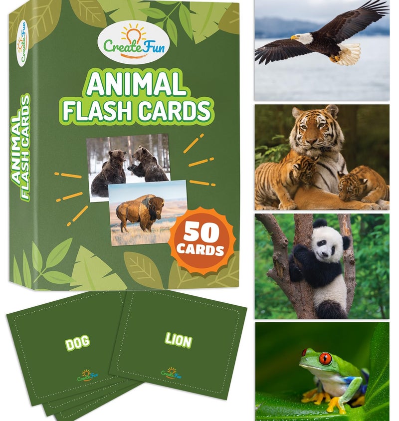 CreateFun 50 Animal Flash Cards Realistic Photo Cards Fun Vocabulary Builder for Autisim Speech Therapy ESL Occupational Therapy Montessori Educational Games for Preschool Kids Learning Activity - Image 2